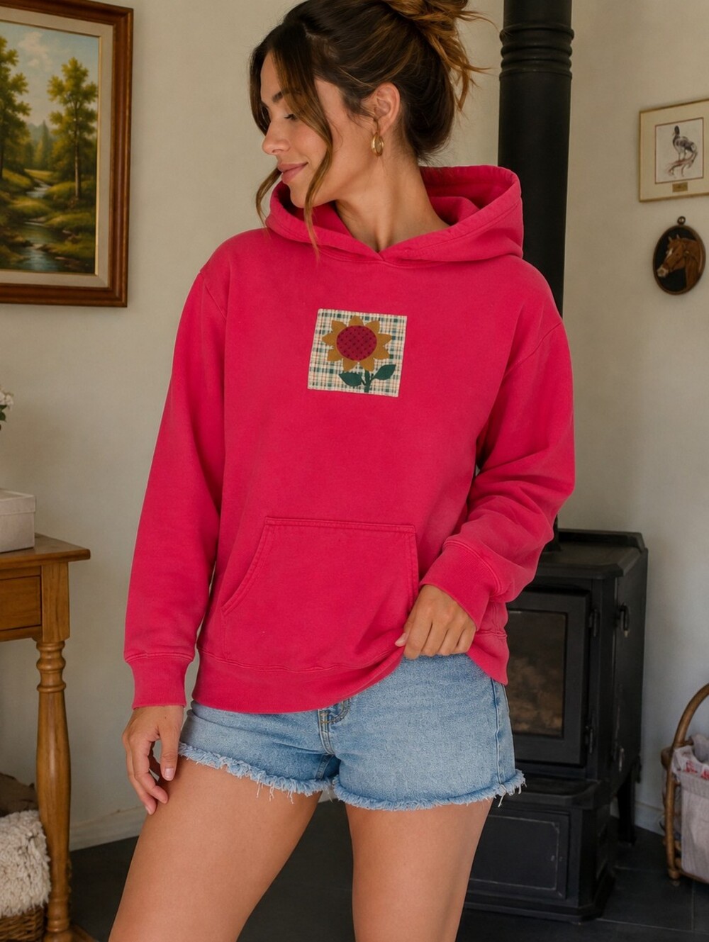Patchwork Sunflower Red Hoodie Sweater